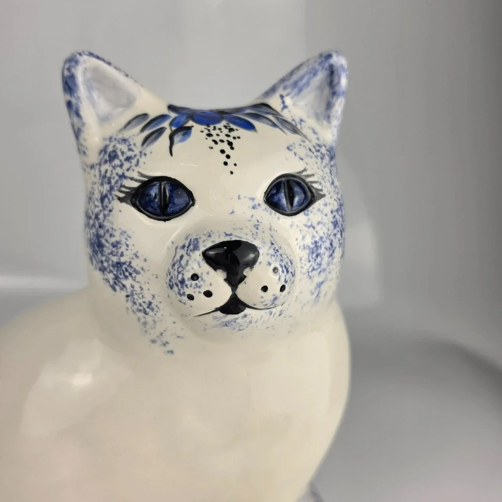 Vintage Blue White Cobalt Spongeware Ceramic Cat Figurine Large Sitting Folk Art